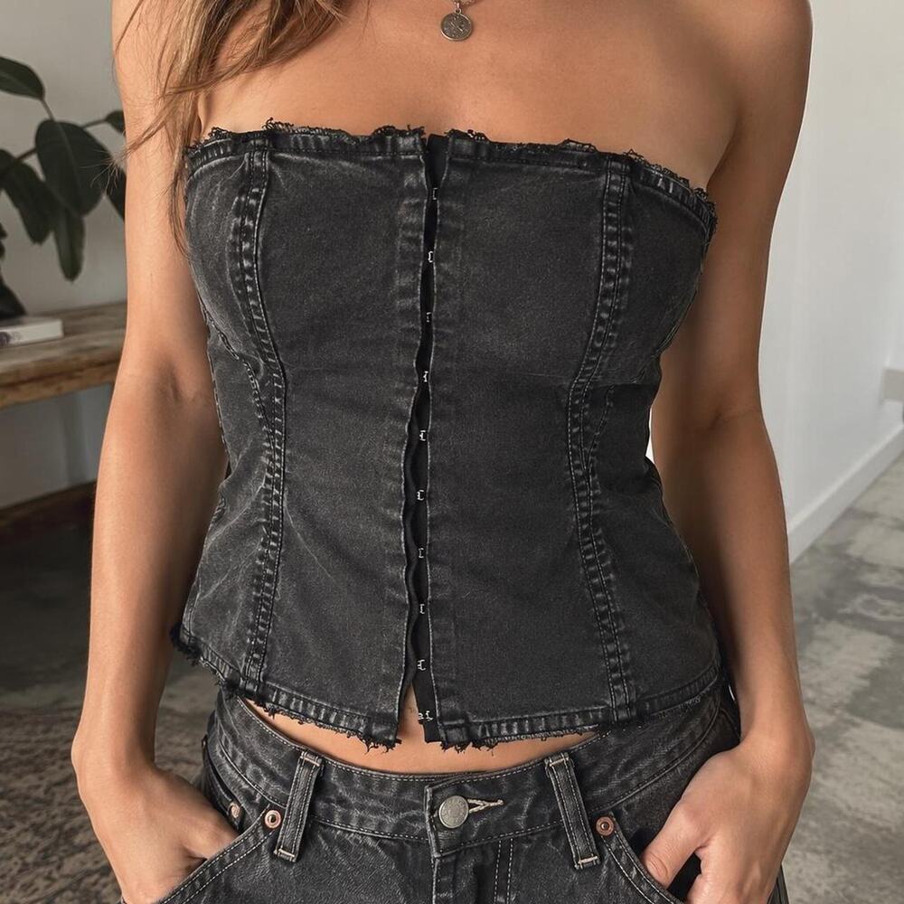 Free People Britney Black Denim Corset Bustier Top Distressed